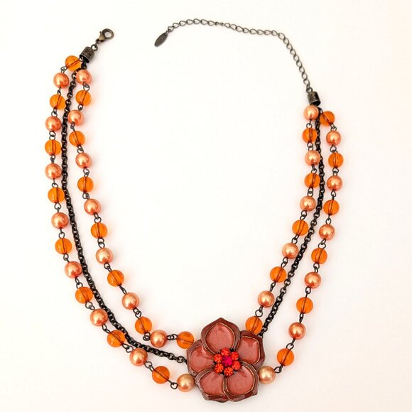 3 strand vintage orange enamel flower necklace with orange and peach beads - Picture 9 of 12